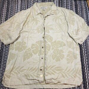 Tommy Bahama Shirt Mens L Beige Palm Tree 100% Silk Hawaiian Camp Aloha Casual